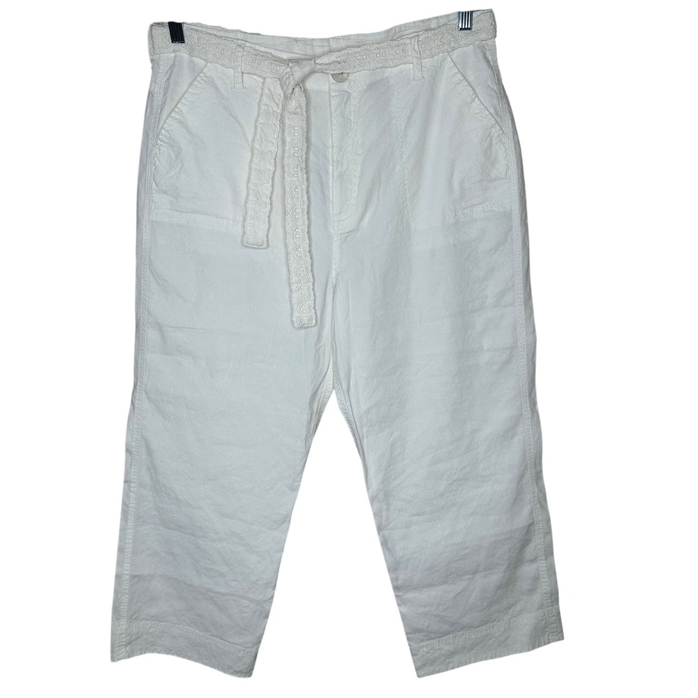 Soft‎ Surroundings White Linen Blend Cropped Wide Leg Pants Size 12 Boho Resort